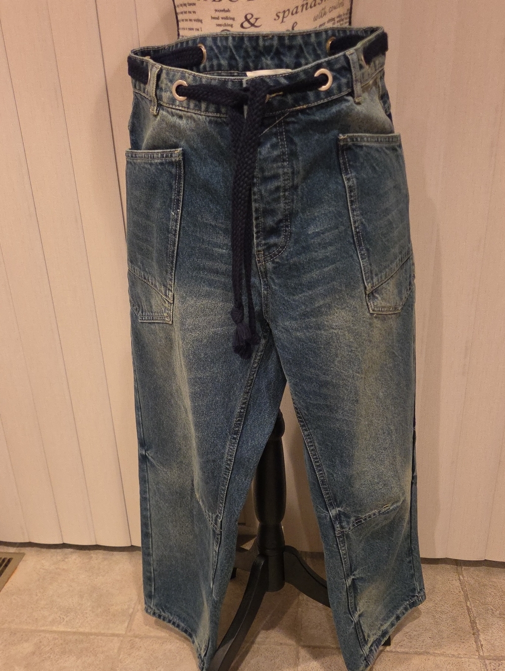 bohme Blue Washed Wide-Leg Denim Jumpsuit Pants with Drawstring